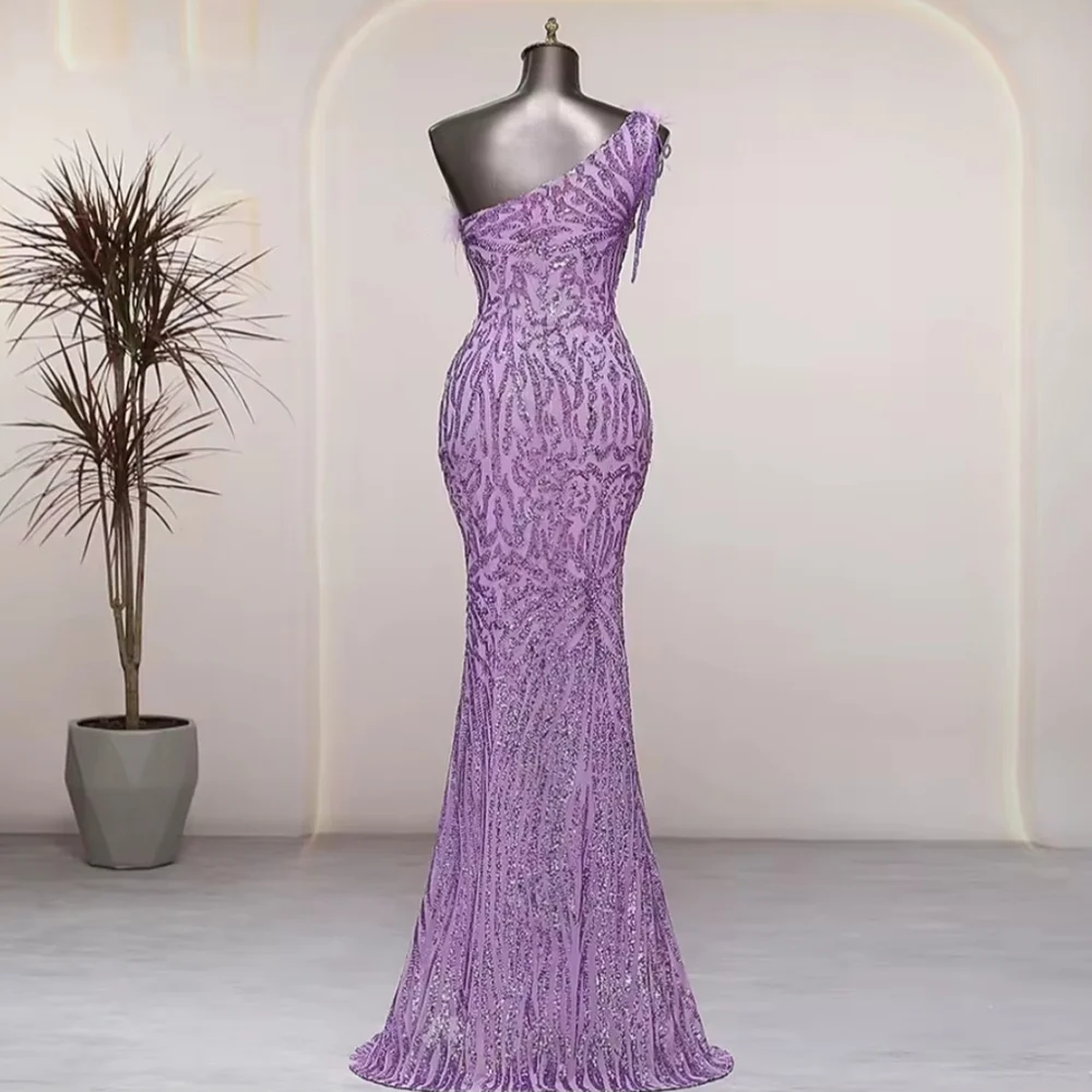 Purple, Geo Print, Assymmetrical Neck, Ostrich Feather, Beaded, Sequined Gown - Picture 9 of 16